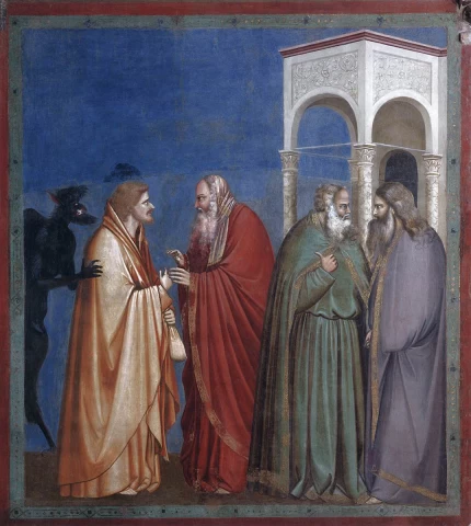 Nr. 28. Scenos iš Kristaus gyvenimo. Nr. 12. Judo išdavystė. Giotto di Bondone, 1304-06.