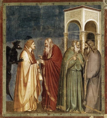 Nr. 28. Scenos iš Kristaus gyvenimo. Nr. 12. Judo išdavystė (prieš restauravimą). Giotto di Bondone, 1304-06.