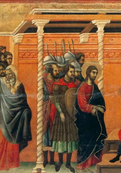 Pilotas apklausia Kristų pirmą kartą (scena Nr. 13). Duccio di Buoninsegna, 1308-11.
