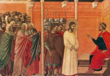 Pilotas apklausia Kristų antrą kartą (scena Nr. 15). Duccio di Buoninsegna, 1308-11.