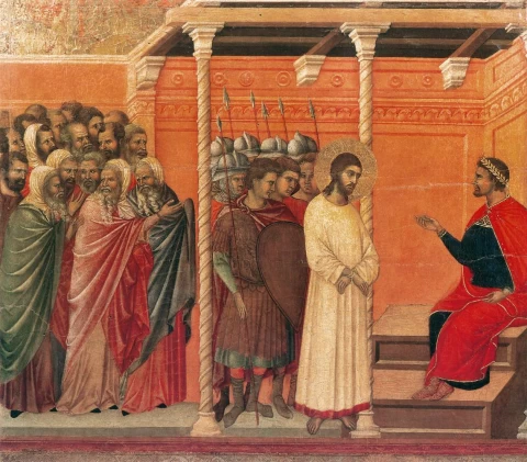 Pilotas apklausia Kristų antrą kartą (scena Nr. 15). Duccio di Buoninsegna, 1308-11.