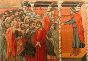 Pilotas nusiplauna rankas (scena Nr. 18). Duccio di Buoninsegna, 1308-11.