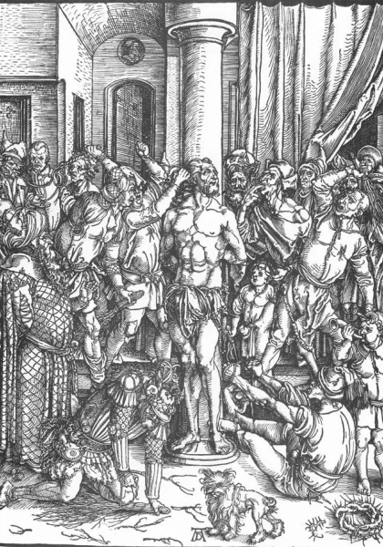 Kančia (didysis leidimas). Nr. 3 Kristaus nuplakimas. Albrecht Dürer, apie 1497.