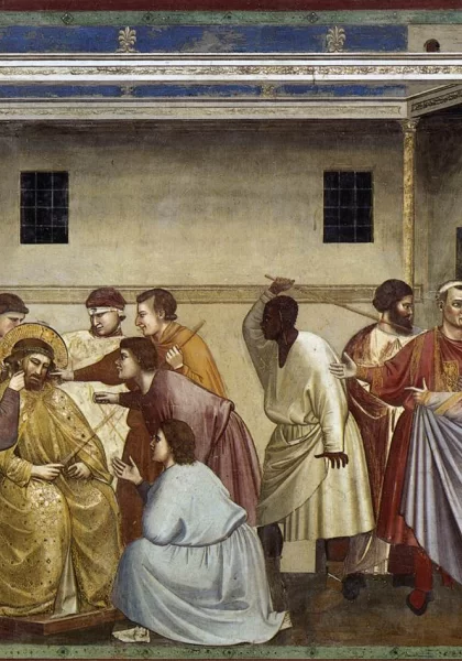 Nr. 33. Scenos iš Kristaus gyvenimo. Nr. 17. Kristaus išjuokimas (prieš restauravimą). Giotto di Bondone, 1304-06.