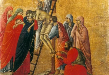 Nuėmimas nuo kryžiaus (scena Nr. 21). Duccio di Buoninsegna, 1308-11.