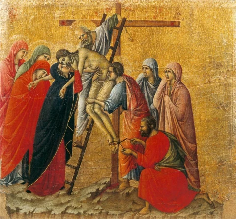 Nuėmimas nuo kryžiaus (scena Nr. 21). Duccio di Buoninsegna, 1308-11.