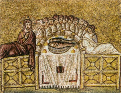 Paskutinė vakarienė. Bizantijos mozaikų meistras, VI a..