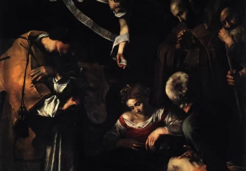Viešpaties gimimas su šv. Pranciškumi ir šv. Laurencijumi. Caravaggio, 1609.