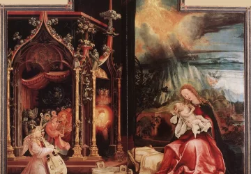 Viešpaties gimimas ir angelų koncertas. Matthias Grünewald, apie 1515.