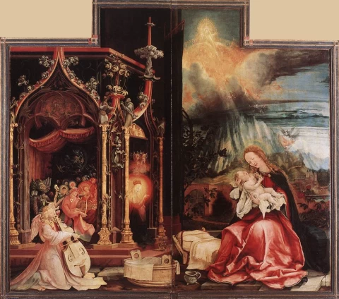 Viešpaties gimimas ir angelų koncertas. Matthias Grünewald, apie 1515.