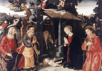 Viešpaties gimimas su šv. Laurencijumi ir šv. Andriejumi. Romano Antoniazzo, 1480-85.