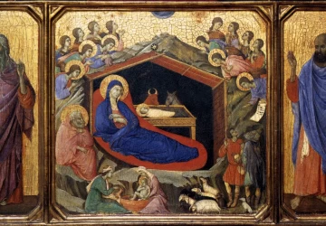 Viešpaties gimimas tarp pranašų Izaijo ir Ezekielio. Duccio di Buoninsegna, 1308-11.