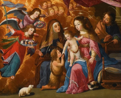 Šventoji šeima su kūdikėliu šv. Jonu Krikštytoju, šv. Elzbieta ir angelais. Josefa de Ayala, 1678.