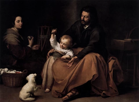 Šventoji šeima su paukščiu. Bartolomé Esteban Murillo, 1650.