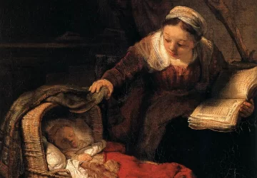 Šventoji šeima su angelais (detalė). Rembrandt Harmenszoon van Rijn, 1645.
