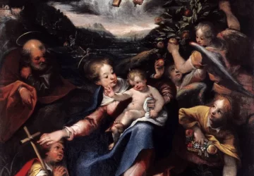 Šventoji šeima su kūdikėliu šv. Jonu Krikštytoju peizažo fone. Denys Calvaert, 1590.