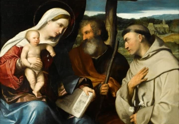 Šventoji šeima su šv. Antanu Paduviečiu. Moretto da Brescia, 1522-26.