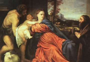 Šventoji šeima ir fundatorius. Vecellio Tiziano, 1513-14.