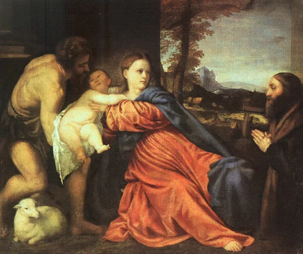 Šventoji šeima ir fundatorius. Vecellio Tiziano, 1513-14.