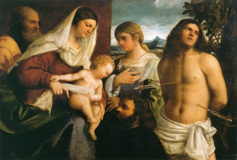 Šventoji šeima su šv. Kotryna, šv. Sebastijonu ir fundatoriumi. Sebastiano del Piombo, apie 1507.