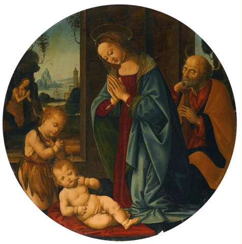 Šventoji šeima su kūdikėliu šv. Jonu Krikštytoju. Tommaso di Credi, apie 1500.