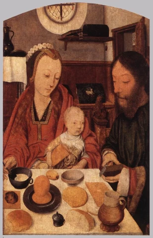 Šventoji šeima prie stalo. Jan Mostaert, 1495-1500.