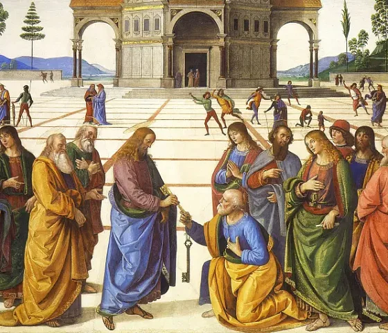 Raktų perdavimas šv. Petrui, Pietro Perugino, 1481-1482 (wikipedia.org)+