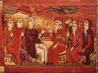 Diskusija tarp katalikų (kairėje) ir Rytų Bažnyčios krikščionių (dešinėje) XIII a. Akras, Jeruzalės karalystė, apie 1290 m. (wikimedia.org)