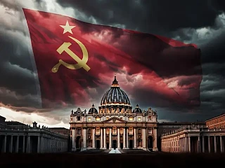 Šv. Petro bazilika su virš jos besiplaikstančia raudona komunistų vėliava su kūju ir pjautuvu