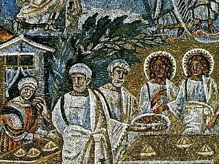 Abraomo svetingumas. Mozaika Švč. Mergelės Marijos Maggiore bazilikoje Romoje