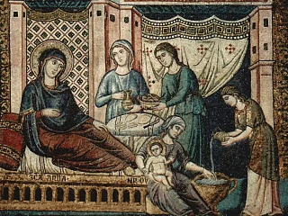 Mozaikos, sudarančios 6 scenų ciklą apie Marijos gyvenimą, esančios Romos Santa Maria Trastevere bažnyčios apsidėje scena: Marijos gimimas (wikimedia.org)