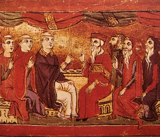 Diskusija tarp katalikų (kairėje) ir Rytų Bažnyčios krikščionių (dešinėje) XIII a. Akras, Jeruzalės karalystė, apie 1290 m. (wikimedia.org)