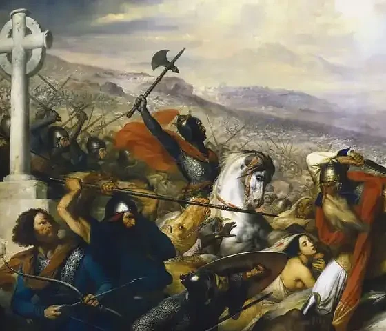 Tūro (Puatjė) mūšis, 732 m. spalio mėn., aliejus ant drobės, autorius Charles de Steuben, 1834–1837 m.; saugomas Versalio muziejuje, Prancūzijoje. (wikipedia.org)