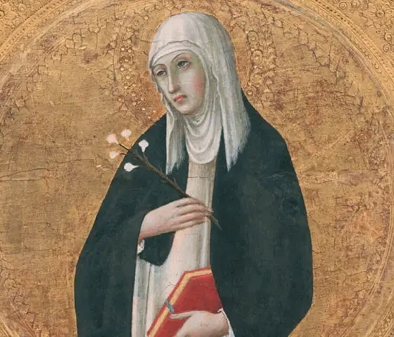 Knygos viršelis. Šv. Kotryna Sienietė. Sano di Pietro, apie 1440 m., saugomas Mastrichto Bonnenfantenmuseum (Nyderlandai)