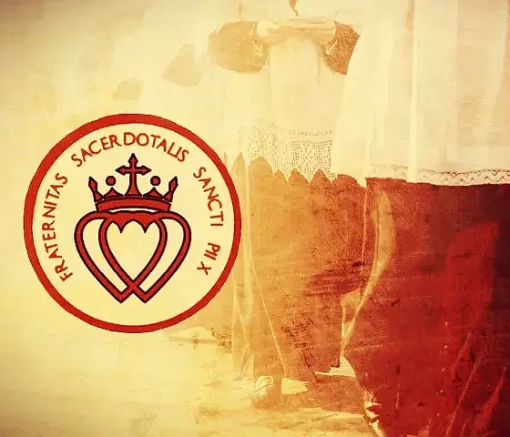 Šv. Pijaus X kunigų brolijos logotipas ir dvasininkų procesija