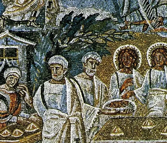 Abraomo svetingumas. Mozaika Švč. Mergelės Marijos Maggiore bazilikoje Romoje