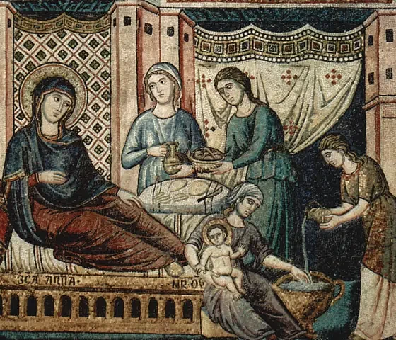 Mozaikos, sudarančios 6 scenų ciklą apie Marijos gyvenimą, esančios Romos Santa Maria Trastevere bažnyčios apsidėje scena: Marijos gimimas (wikimedia.org)