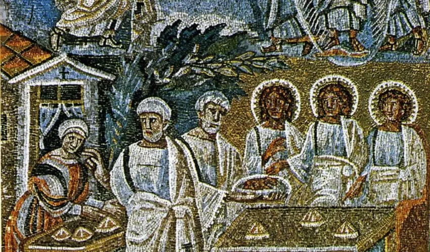 Abraomo svetingumas. Mozaika Švč. Mergelės Marijos Maggiore bazilikoje Romoje +