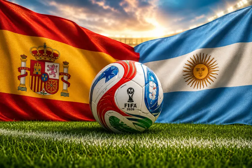 Argentinos ir Ispanijos vėliavos futbolo aikštėje +