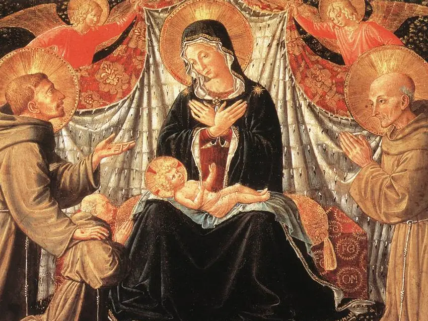 Madona ir Jėzus su šv. Pranciškumi, šv. Bernardinu ir broliu Jokūbu. Benozzo Gozzoli, apie 1452 +