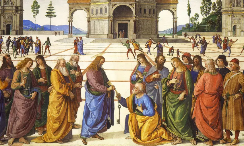 Raktų perdavimas šv. Petrui, Pietro Perugino, 1481-1482 (wikipedia.org)+