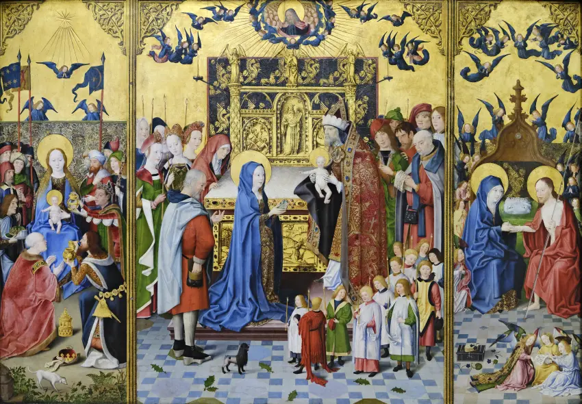 Septynių džiaugsmų altoriaus paveikslas, kurį nutapė nežinomas dailininkas, vadinamas „Šventosios šeimos meistru“, apie 1480 m.; dabar saugomas Luvre. +