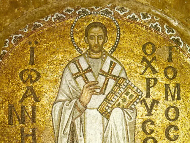 \u0160v. Jonas Auksaburnis. Ankstyvoji bizantin\u0117 mozaika i\u0161 Hagia Sophia katedros Konstantinopolyje (dabartinis Stambulas). Mozaika yra ma\u017edaug 1000 met\u0173 senumo. (wikimedia.org)