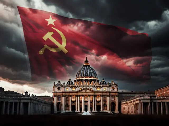 \u0160v. Petro bazilika su vir\u0161 jos besiplaikstan\u010dia raudona komunist\u0173 v\u0117liava su k\u016bju ir pjautuvu