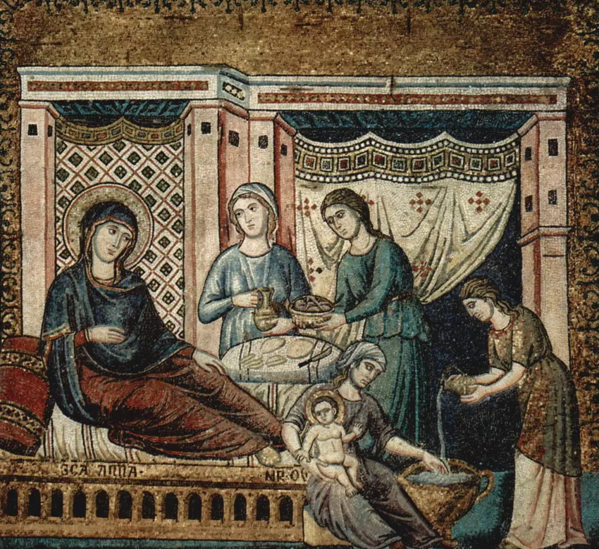 Mozaikos, sudarančios 6 scenų ciklą apie Marijos gyvenimą, esančios Romos Santa Maria Trastevere bažnyčios apsidėje scena: Marijos gimimas (wikimedia.org) +