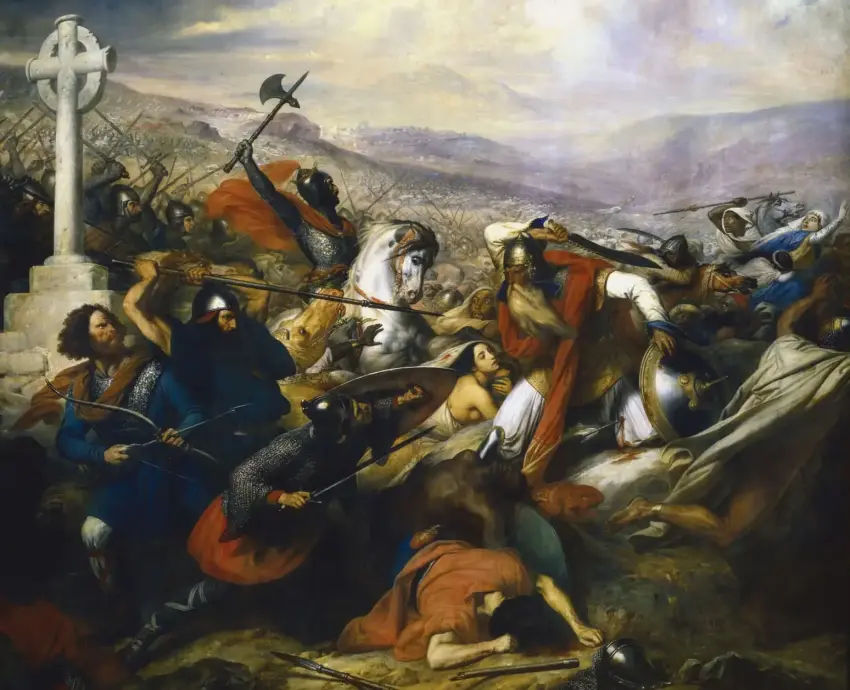 Tūro (Puatjė) mūšis, 732 m. spalio mėn., aliejus ant drobės, autorius Charles de Steuben, 1834–1837 m.; saugomas Versalio muziejuje, Prancūzijoje. (wikipedia.org) +