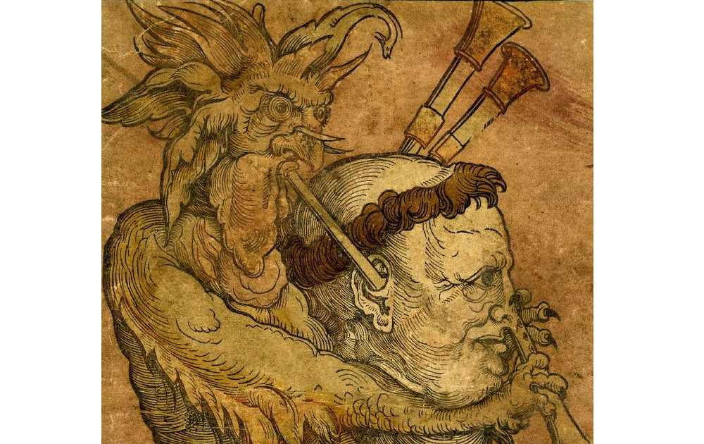 Liuteris, velnio dūdmaišis (Medžio raižinio iliustracija, apie 1530 m.)