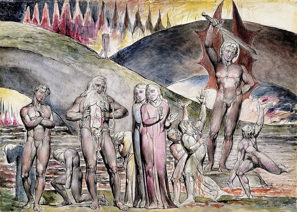 William Blake (1757-1827). „Dantė ir Vergilijus pragare sutinka Mahometą“. Mahometas rodo savo krūtinę, kurią perrėžė demonas, bausdamas už ereziją.