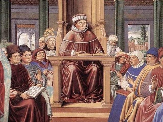 Benozzo Gozzoli, Šv. Augustinas moko Romos akademijoje (1464, fragmentas))