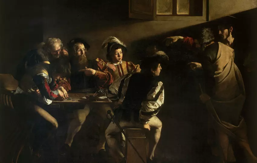 Šv. Mato pašaukimas (Caravaggio, wikimedia.org)+